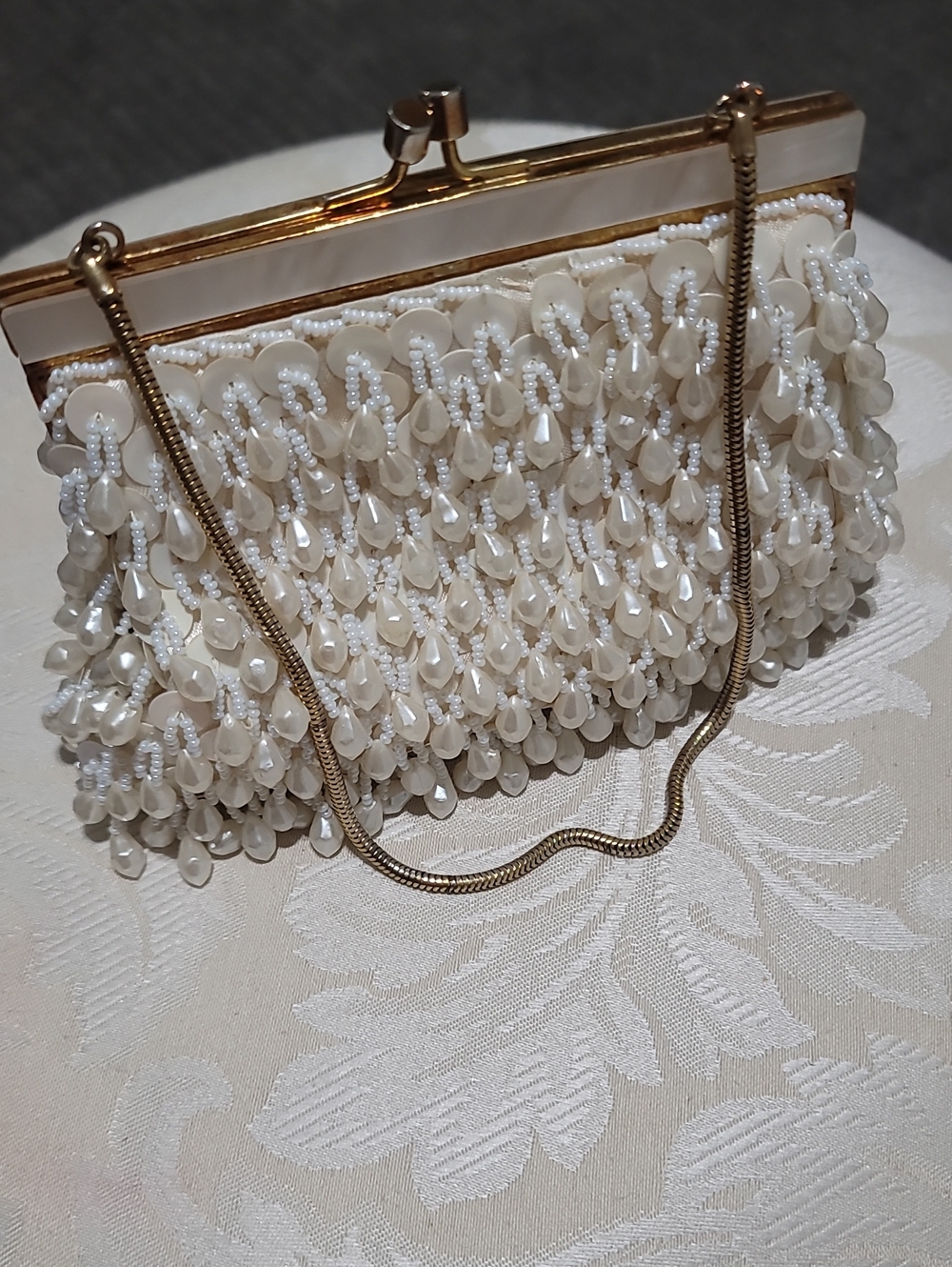 Vintage Mid-Century Pearl white beaded and sequin evening bag